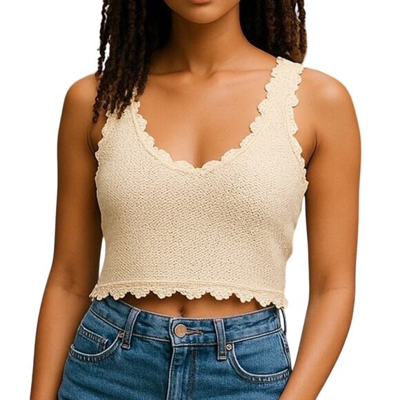 Debut Cream Crochet Knit Cropped Tank Top Open Back Scalloped S/M - Picture 1 of 10